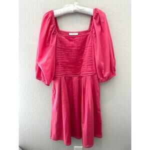 IVY CITY CO | Hot Pink Barbie Cotton Smock Pleated Square Neck Midi Dress |Large